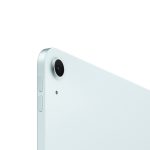 Close-up of the top-left rear corner of a light blue smartphone, showing the camera lens and side buttons.