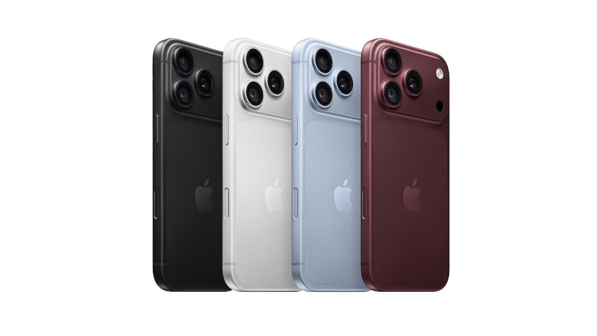 Row of four iPhones shown from the back in black, white, blue, and red, displaying the triple-camera module and Apple logo.