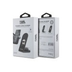 Two white Karl Lagerfeld magnetic desk charger boxes with black hangers, showing a phone on a charging stand on the front.