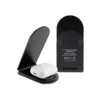 Wireless charging stand and AirPods case shown in black foldable stand; compact charging solution for earbuds on the go.