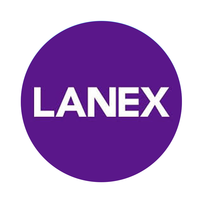 LANEX logo: white LANEX wordmark centered in a purple circle on a bright blue background