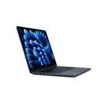 Slim dark-gray laptop opened at a slight angle, displaying a blue abstract wallpaper on the screen against a white background.