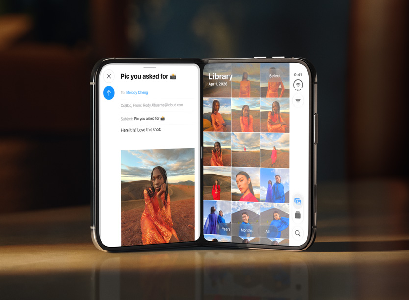 Foldable phone with two screens: left shows an email titled 'Pic you asked for' with a desert sunset photo; right displays a grid-based photo library.