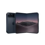 Foldable smartphone in dark blue, opened to show edge-to-edge display with a desert landscape wallpaper and a twin-camera module on the back.