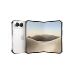 Foldable smartphone with a hinge opened to show a desert dune landscape on the screen, back view revealing the Apple logo.