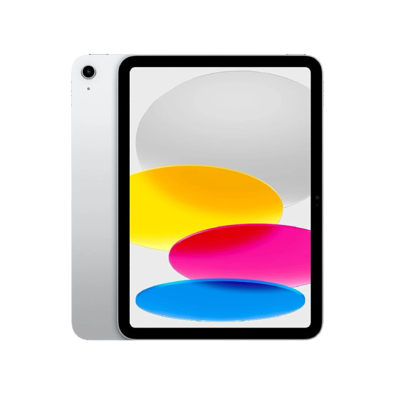 White tablet shown in a back-first view, with the front device displaying a colorful abstract wallpaper of yellow, pink, and blue oval shapes against a light background.