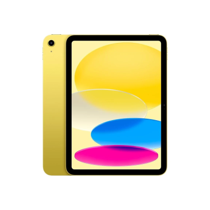 Yellow tablet shown from front and back with a black-bordered screen displaying abstract yellow, white, blue, and magenta wallpaper.