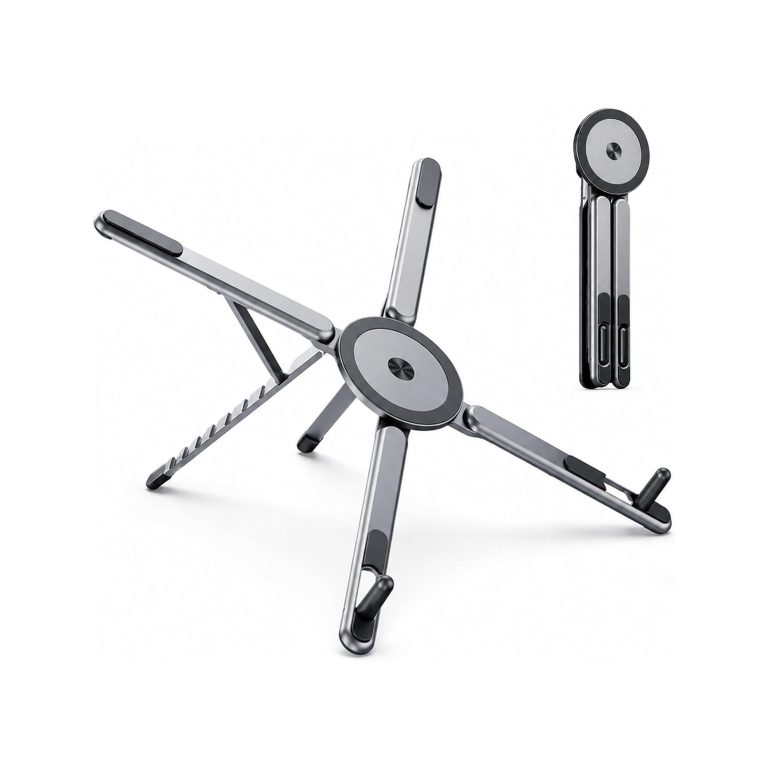 Close-up view of a sleek metallic exercise machine with circular joints and adjustable arms against a white background.