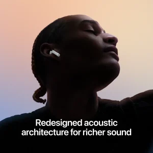 Close-up of a person wearing white wireless earbuds against a soft sunset gradient, with large white article headline at the bottom.