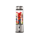 Countertop blender with a transparent jar filled with sliced fruit (strawberries, bananas, blueberries, raspberries, kiwi) showing a mixed fruit smoothie base.