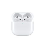 White wireless earbuds in an open charging case with a small green indicator light on the front.