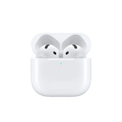 White wireless earbuds in an open charging case with a small green indicator light on the front.