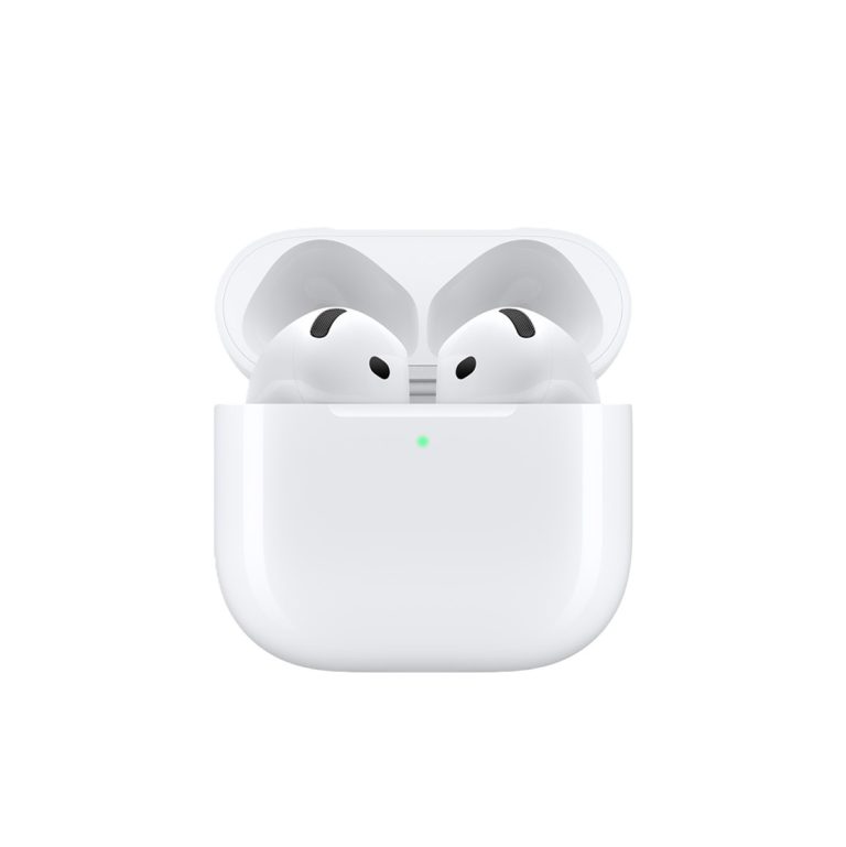 White wireless earbuds in an open charging case with a small green indicator light on the front.
