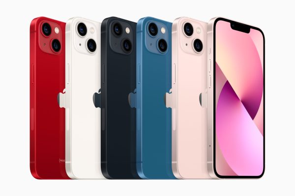 Lineup of iPhone models in red, white, navy, blue, pink, and gold, shown from back to front with the display facing right side.